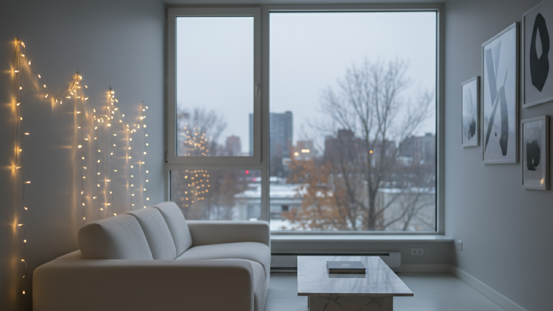 Nowoczesny salon, urządzony w minimalistycznym stylu z lampkami podłączonymi do inteligentnego gniazdka.